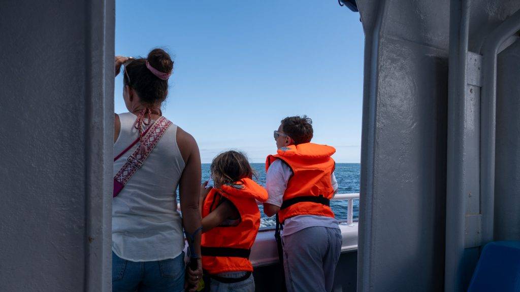 Mit Schwimmwesten über der Reling nach Walen schauen