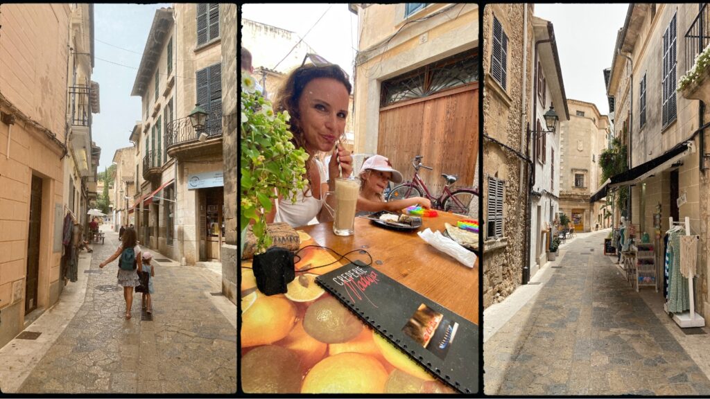 enge Gassen und einem Café mitten in der historischen Altstadt von Pollenca