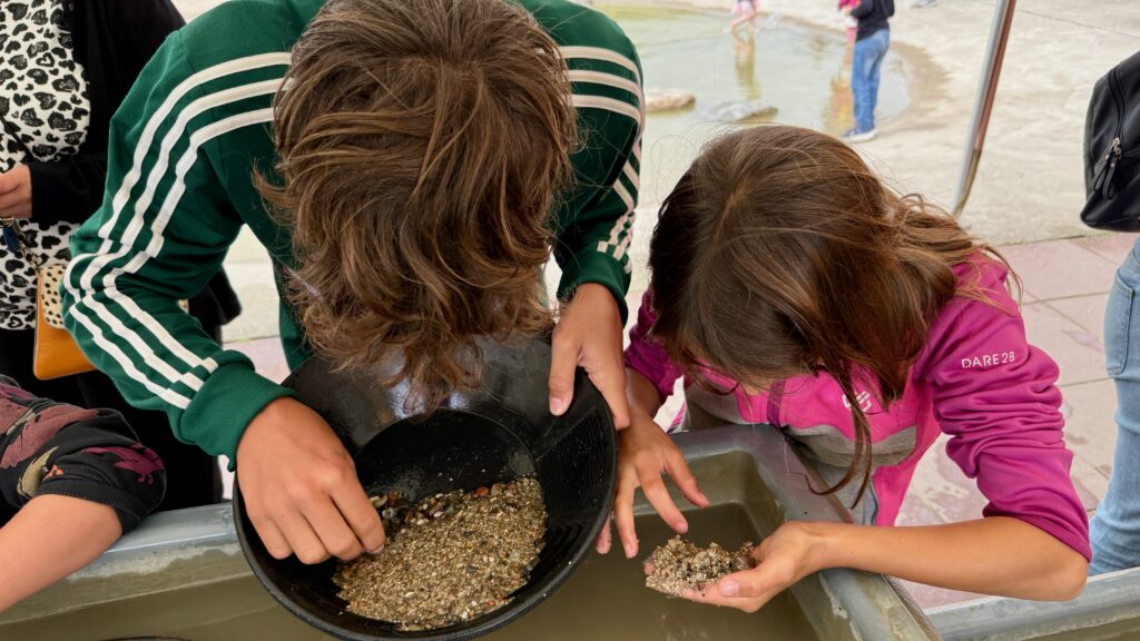 Kinder schürfen nach Katzengold in einer Schüssel mit kleinen Steinen