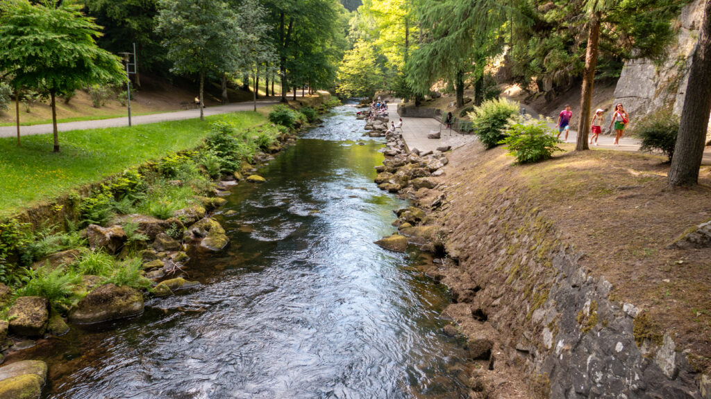 Die Enz fließt durch die bewaldete Schlucht im Kurpark Bad Wildbad, rechts ein Spazierweg am Felsen