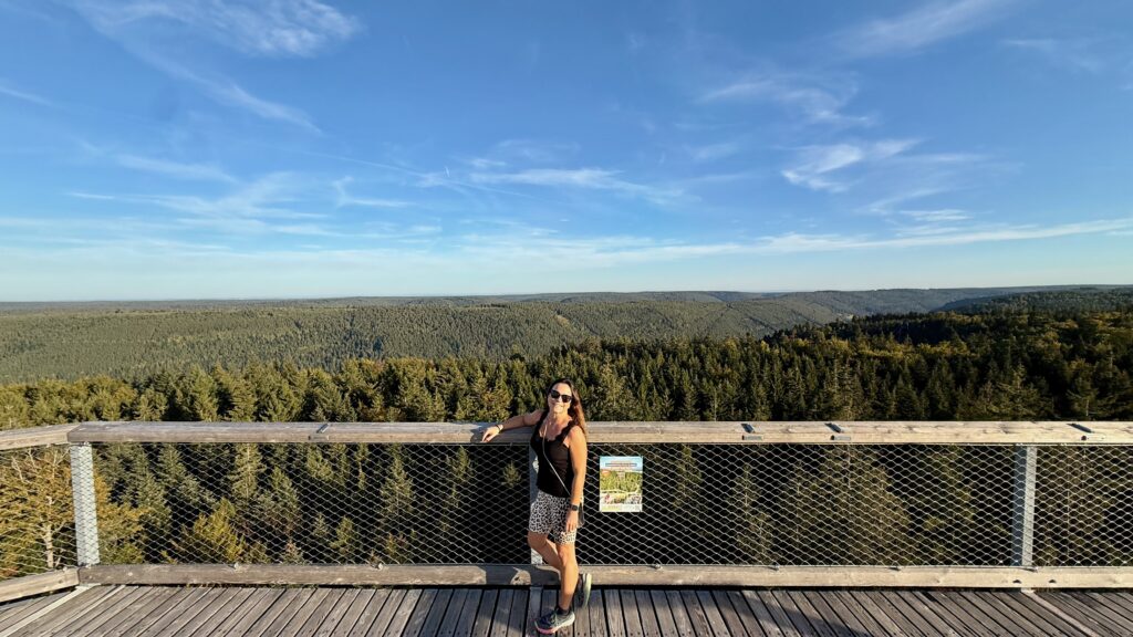 Panoramablick über die bewaldeten Hügel des Nordschwarzwalds von der Aussichtsplattform