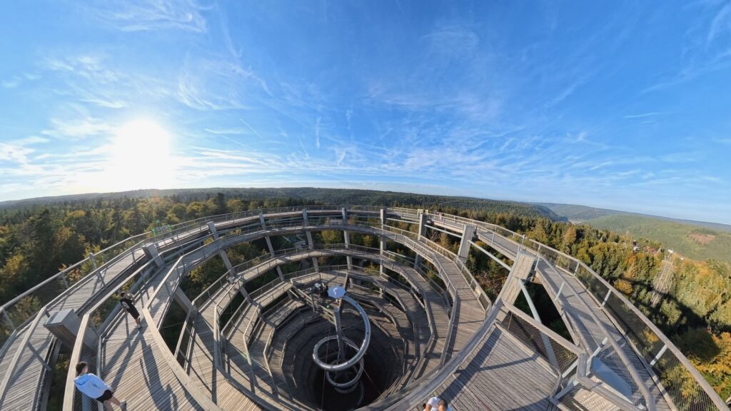 Aussichtsturm am Baumwipfelpfad Bad Wildbad von oben, mit Rutsche in der Mitte und Schwarzwald